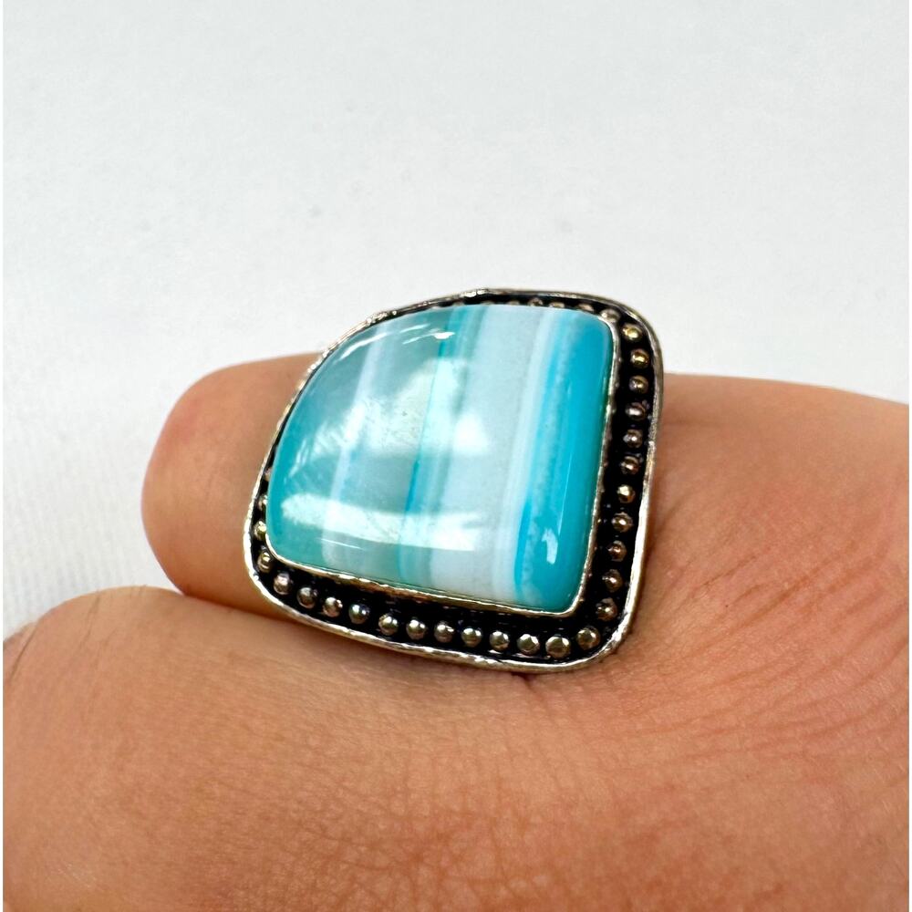 Vintage Sterling Silver Blue Banded Agate Ring Size 8